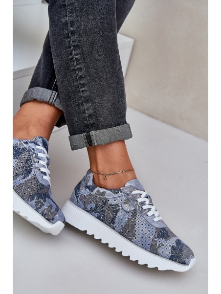 Suede Patterned Sports Shoes On Platform With Glitter D&A LR51-635 Blue