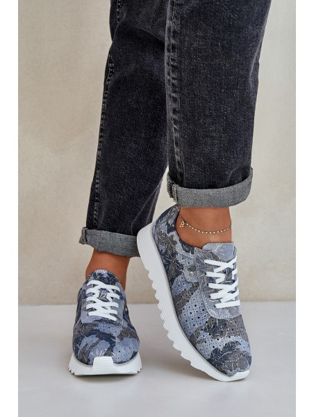 Suede Patterned Sports Shoes On Platform With Glitter D&A LR51-635 Blue