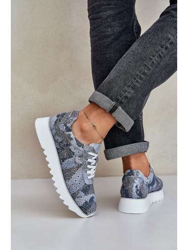 Suede Patterned Sports Shoes On Platform With Glitter D&A LR51-635 Blue