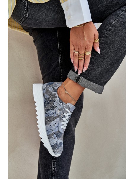 Suede Patterned Sports Shoes On Platform With Glitter D&A LR51-635 Blue