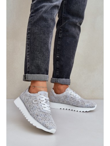 Suede Patterned Sports Shoes On Platform With Glitter D&A LR51-635 Silver