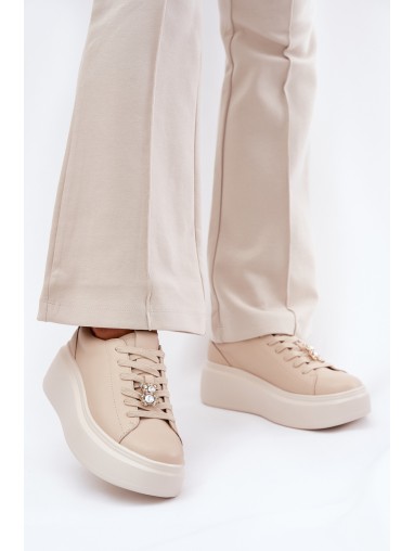 Ladies Leather Sports Shoes On Platform With Clip Vinceza 39922 Beige