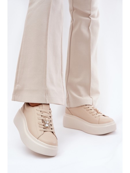 Ladies Leather Sports Shoes On Platform With Clip Vinceza 39922 Beige