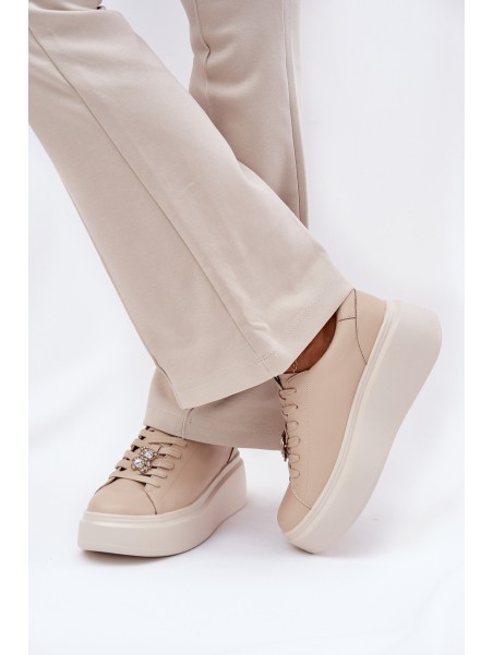 Ladies Leather Sports Shoes On Platform With Clip Vinceza 39922 Beige