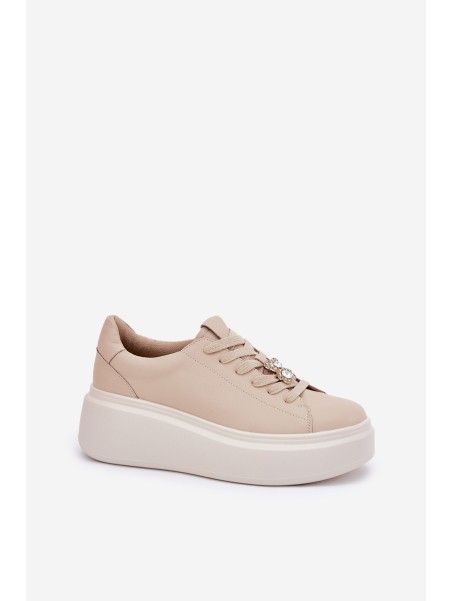 Ladies Leather Sports Shoes On Platform With Clip Vinceza 39922 Beige