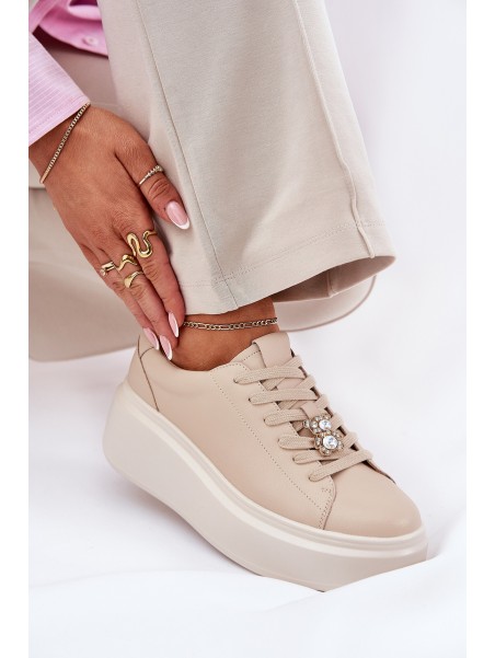 Ladies Leather Sports Shoes On Platform With Clip Vinceza 39922 Beige