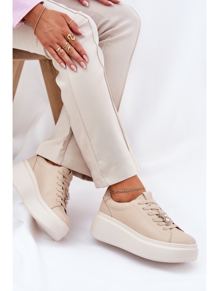 Ladies Leather Sports Shoes On Platform With Clip Vinceza 39922 Beige