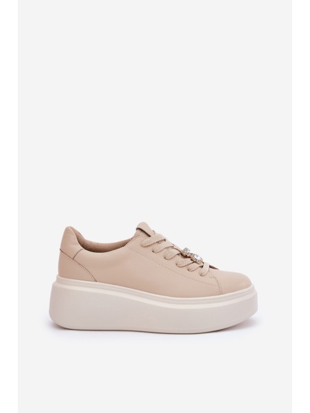 Ladies Leather Sports Shoes On Platform With Clip Vinceza 39922 Beige