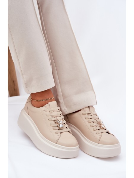 Ladies Leather Sports Shoes On Platform With Clip Vinceza 39922 Beige
