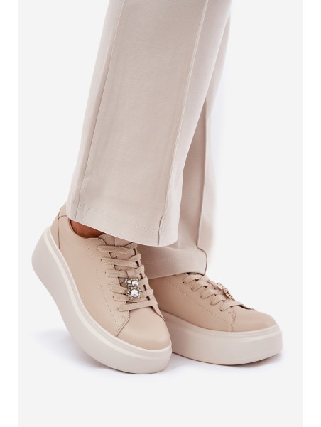 Ladies Leather Sports Shoes On Platform With Clip Vinceza 39922 Beige