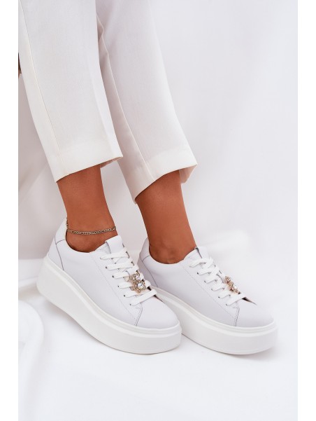 Women's Leather Sports Shoes On Platform With Clip Vinceza 39922 White