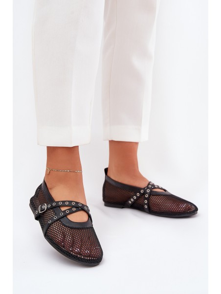 Mesh Flat Ballet Shoes With Straps Black Salliroe