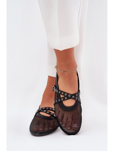 Mesh Flat Ballet Shoes With Straps Black Salliroe