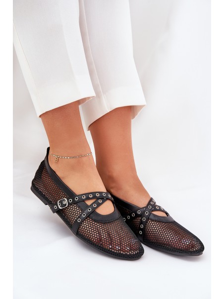 Mesh Flat Ballet Shoes With Straps Black Salliroe
