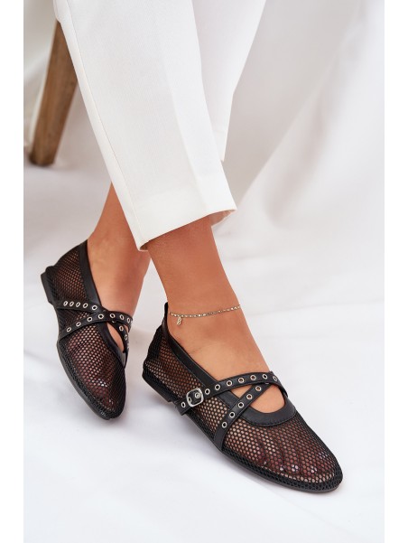 Mesh Flat Ballet Shoes With Straps Black Salliroe