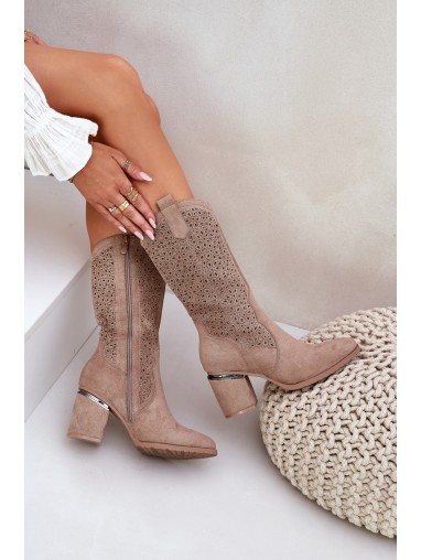 Cutout Cowboy Boots Mid-Calf S.Barski HY51-238 Beige