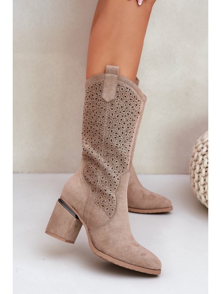 Cutout Cowboy Boots Mid-Calf S.Barski HY51-238 Beige