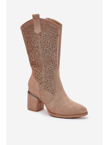 Cutout Cowboy Boots Mid-Calf S.Barski HY51-238 Beige