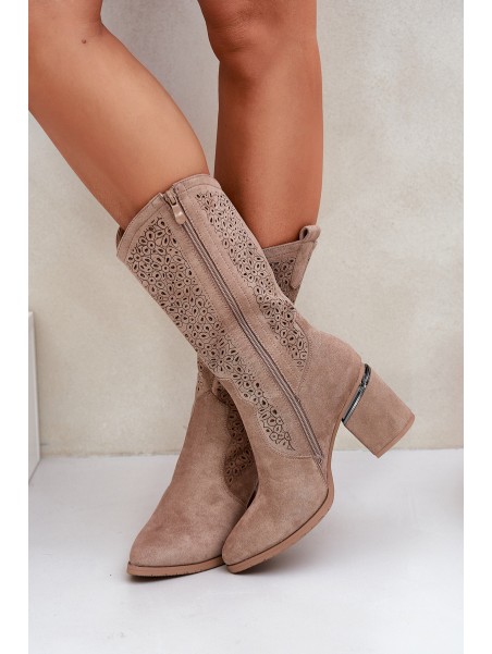 Cutout Cowboy Boots Mid-Calf S.Barski HY51-238 Beige