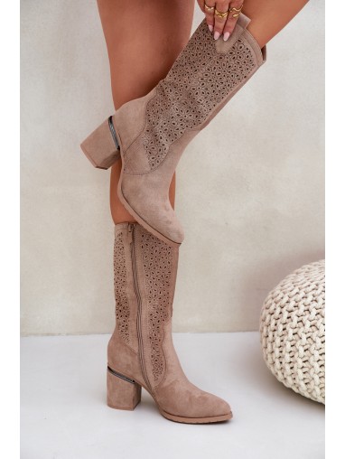 Cutout Cowboy Boots Mid-Calf S.Barski HY51-238 Beige