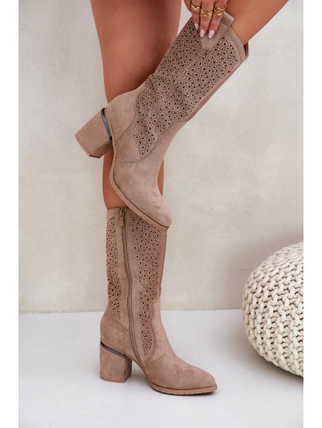 Cutout Cowboy Boots Mid-Calf S.Barski HY51-238 Beige
