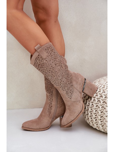 Cutout Cowboy Boots Mid-Calf S.Barski HY51-238 Beige