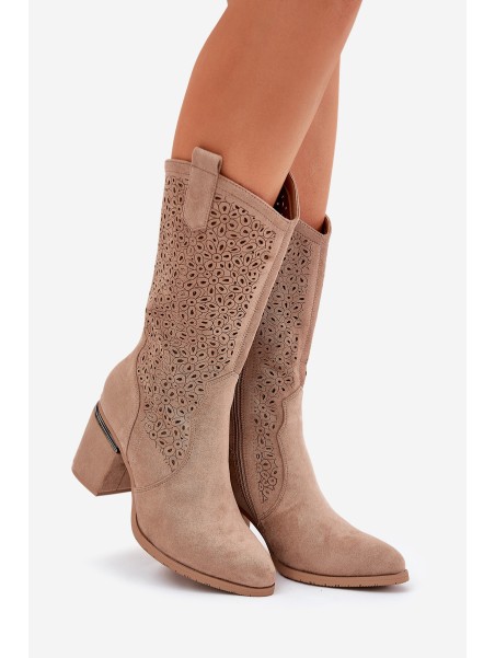 Cutout Cowboy Boots Mid-Calf S.Barski HY51-238 Beige