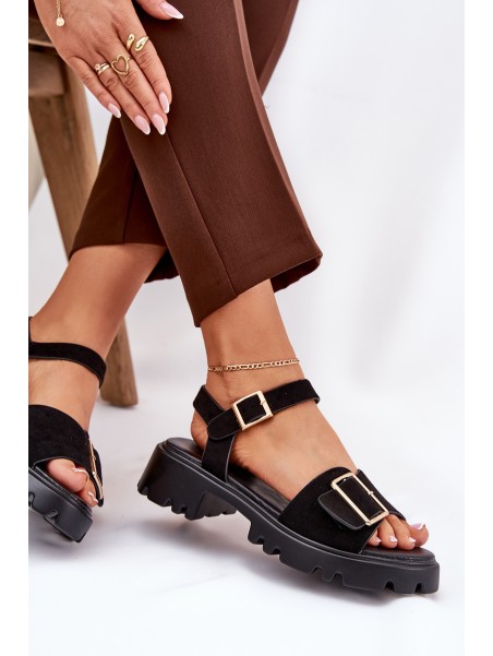 Eco Suede Sandals Women's With Buckle Black Gofielle