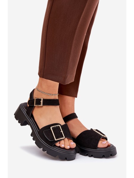 Eco Suede Sandals Women's With Buckle Black Gofielle