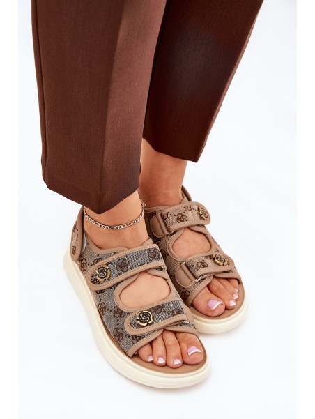 Women's Patterned Fabric Sandals With Golden Details Khaki Pefese