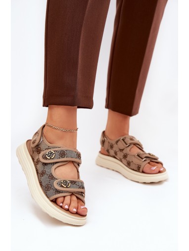 Women's Patterned Fabric Sandals With Golden Details Khaki Pefese