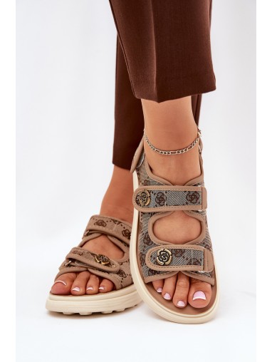 Women's Patterned Fabric Sandals With Golden Details Khaki Pefese