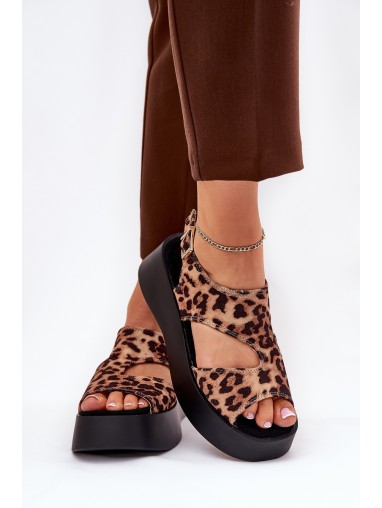 Women's Sandals With Leopard Print On Platform Eco Suede Brown Karonia