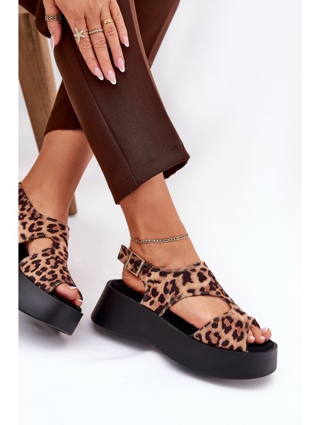 Women's Sandals With Leopard Print On Platform Eco Suede Brown Karonia