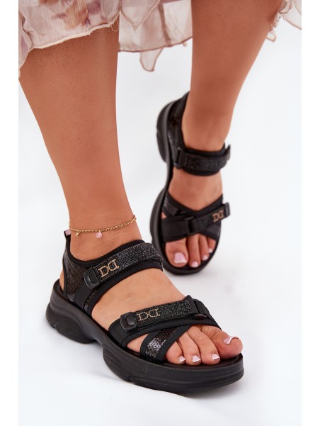 Ladies Sandals With Sequins With Velcro Black Gonev