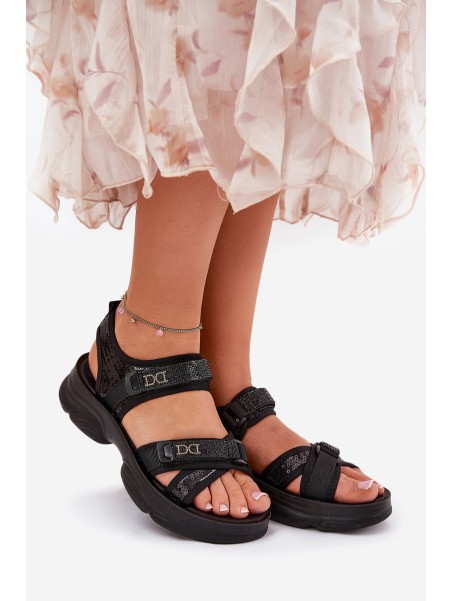 Ladies Sandals With Sequins With Velcro Black Gonev