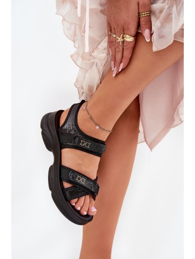 Ladies Sandals With Sequins With Velcro Black Gonev