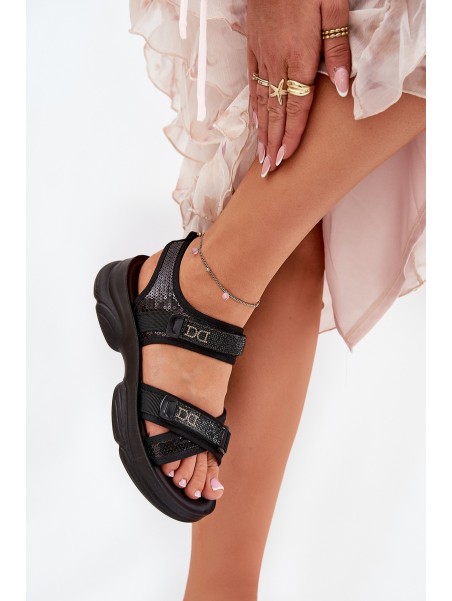 Ladies Sandals With Sequins With Velcro Black Gonev