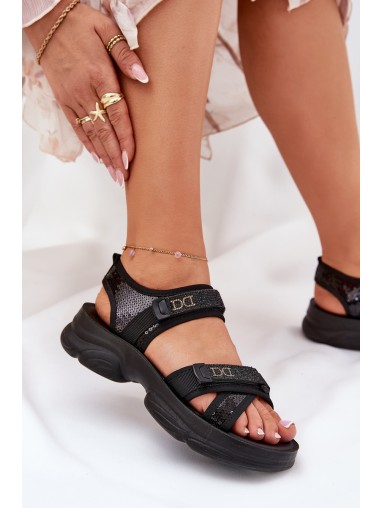 Ladies Sandals With Sequins With Velcro Black Gonev