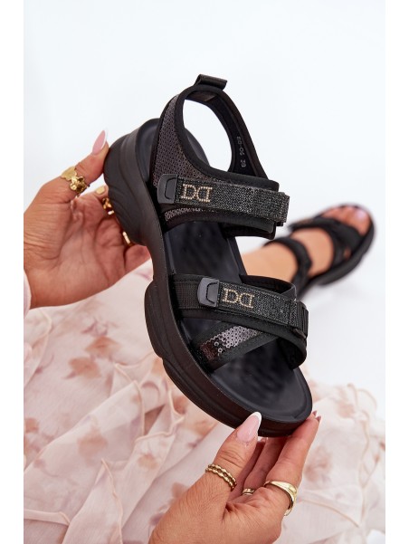 Ladies Sandals With Sequins With Velcro Black Gonev