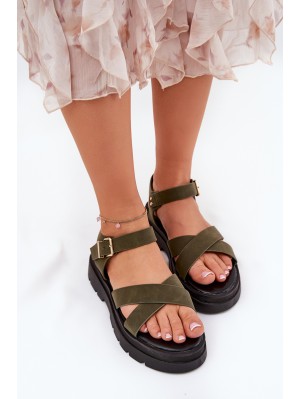 Ladies platform sandals made of eco leather dark green Gevinniser