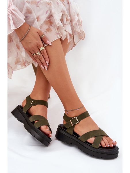 Ladies platform sandals made of eco leather dark green Gevinniser