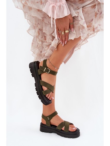 Ladies platform sandals made of eco leather dark green Gevinniser