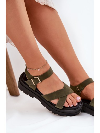 Ladies platform sandals made of eco leather dark green Gevinniser