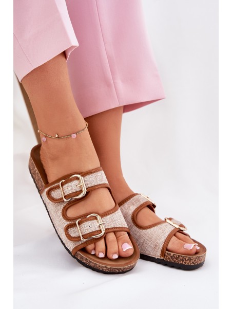 Fabric Women's Slippers on Cork Platform with Buckles Camel Osoffe
