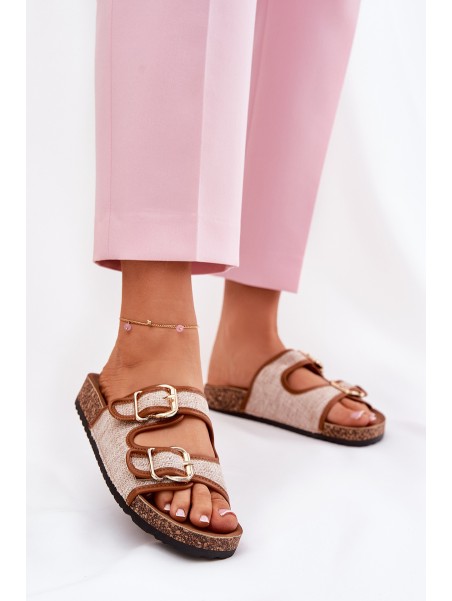 Fabric Women's Slippers on Cork Platform with Buckles Camel Osoffe