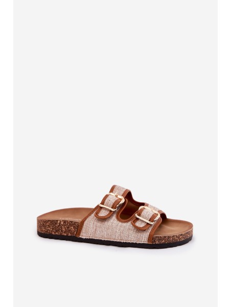 Fabric Women's Slippers on Cork Platform with Buckles Camel Osoffe