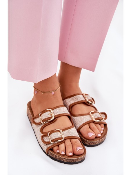 Fabric Women's Slippers on Cork Platform with Buckles Camel Osoffe
