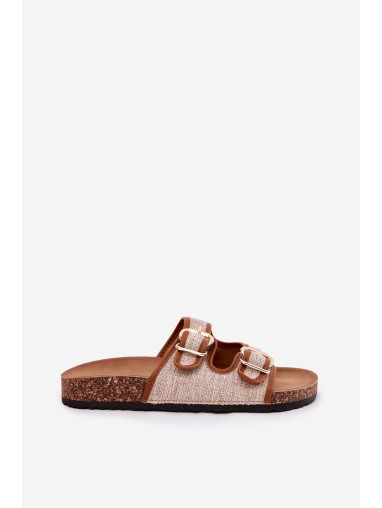 Fabric Women's Slippers on Cork Platform with Buckles Camel Osoffe