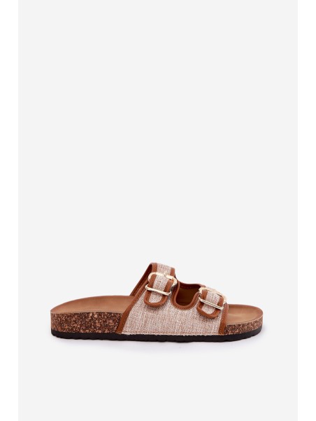 Fabric Women's Slippers on Cork Platform with Buckles Camel Osoffe